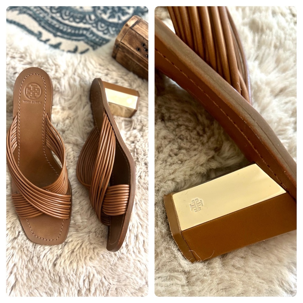 Tory Burch Camel soft all leather strappy sandal  heel  slides mules 10